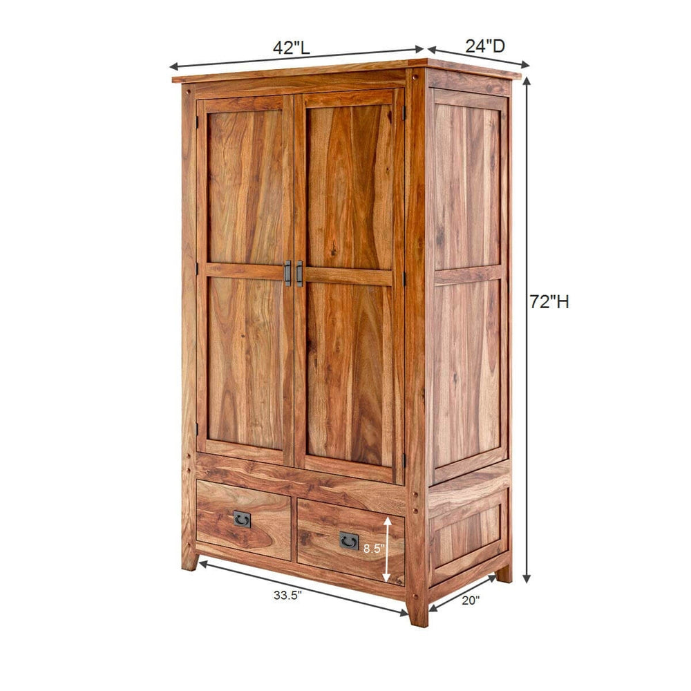 Alaca Solid Sheesham Wood 2 Door 2 Drawer Wardrobe In Light Honey Finish