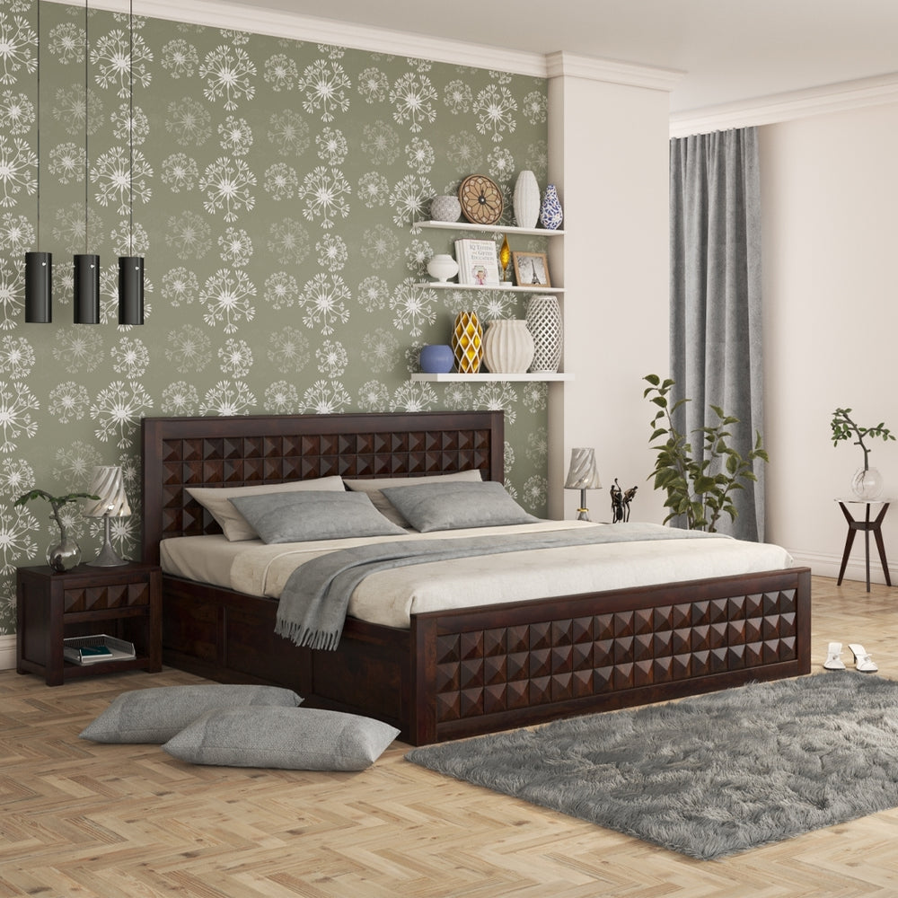Diamond Solid Wood King Size Box Storage Bed In Dark Walnut Finish