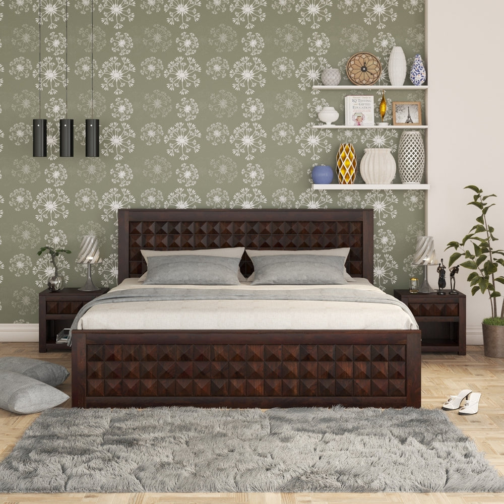 Diamond Solid Wood King Size Box Storage Bed In Dark Walnut Finish