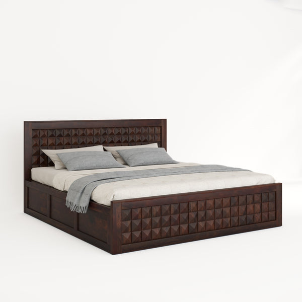 Diamond Solid Wood King Size Box Storage Bed In Dark Walnut Finish