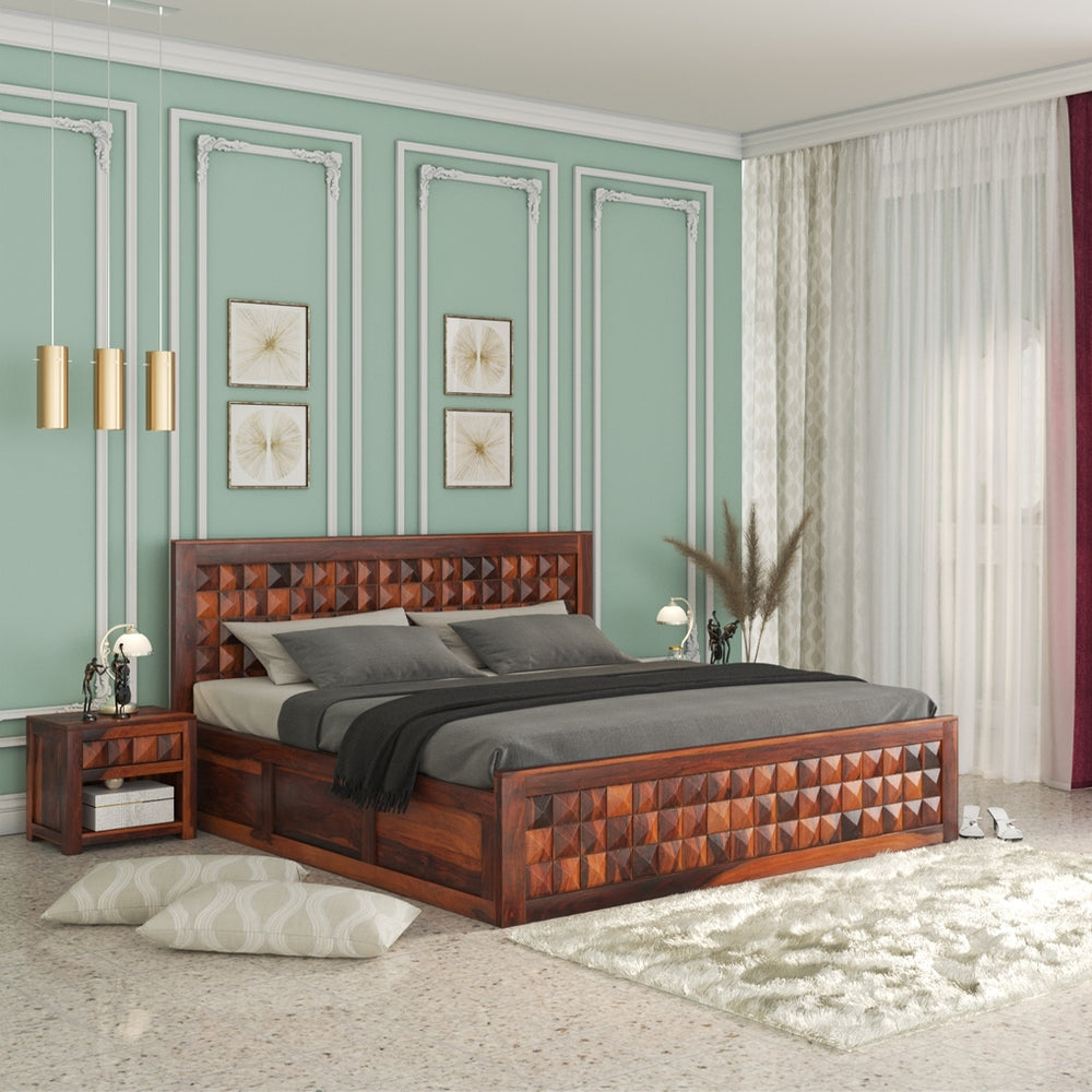 Diamond Solid Wood King Size Box Storage Bed In Honey Oak Finish WITH 2 BEDSIDE
