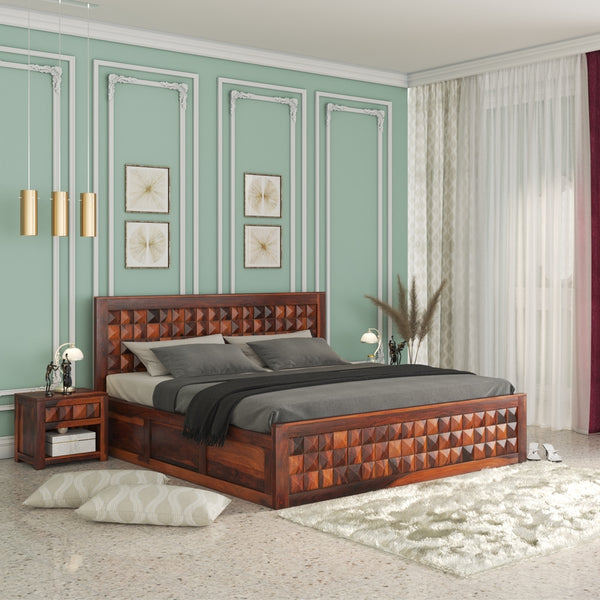 Diamond Solid Wood King Size Box Storage Bed In Honey Oak Finish WITH 2 BEDSIDE