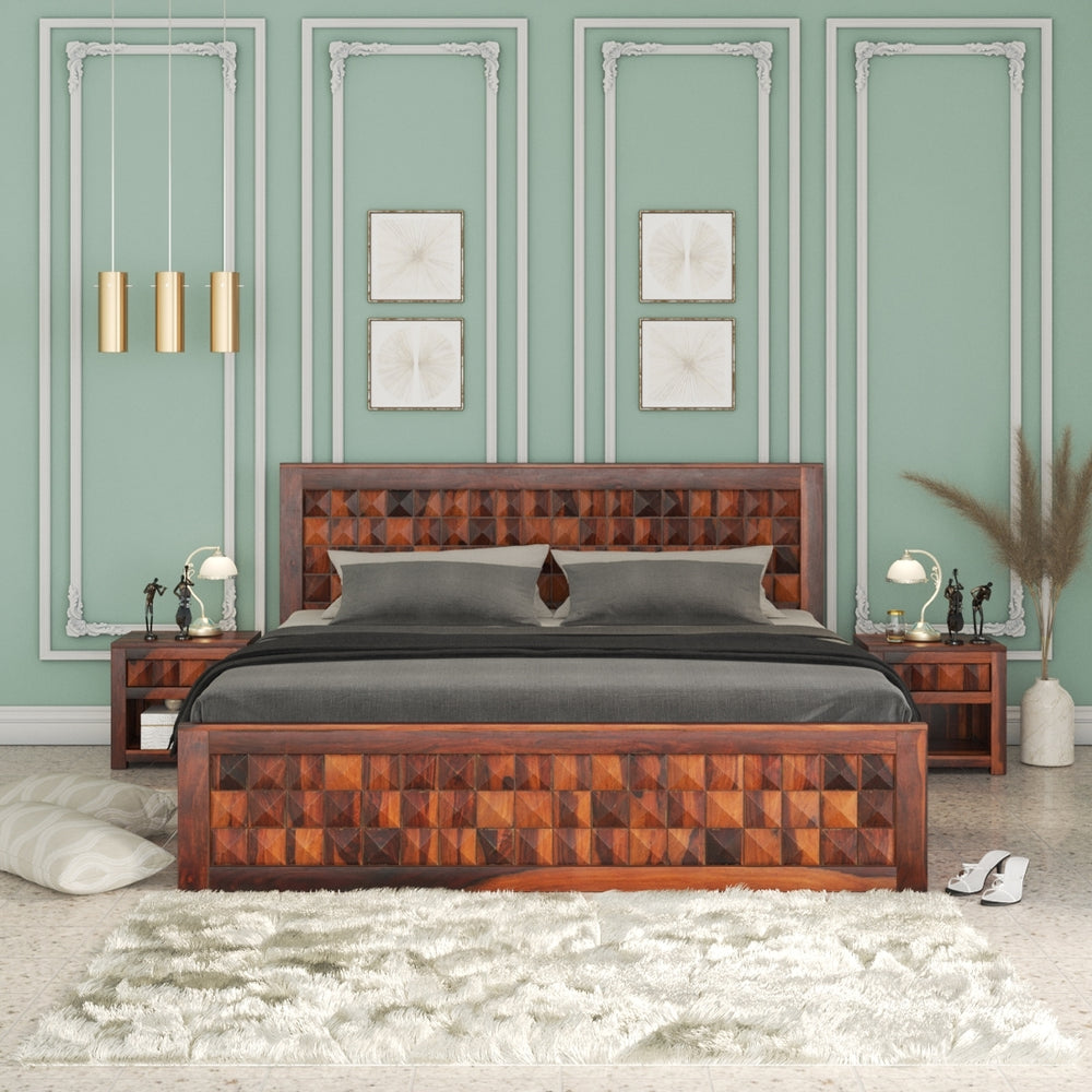 Diamond Solid Wood King Size Box Storage Bed In Honey Oak Finish WITH 2 BEDSIDE