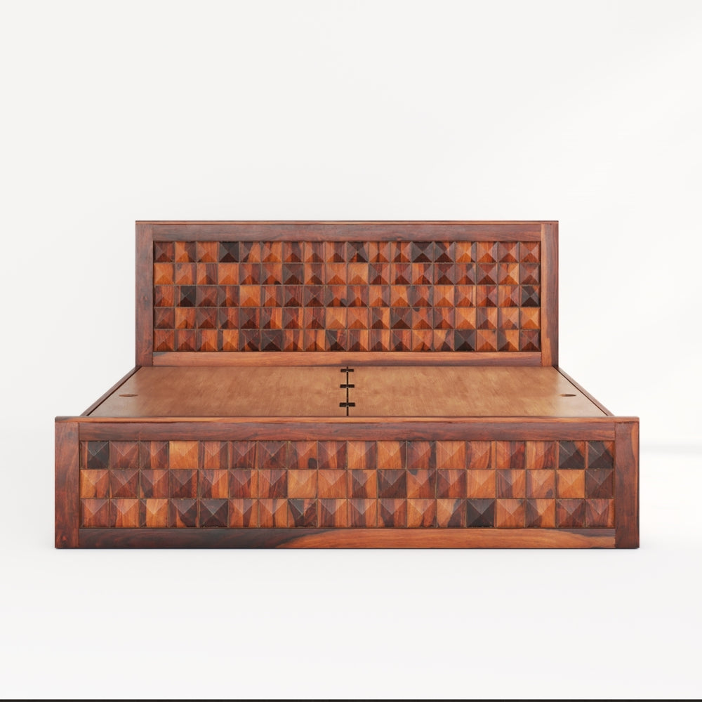 Diamond Solid Wood Queen Size Box Storage Bed In Honey Oak Finish