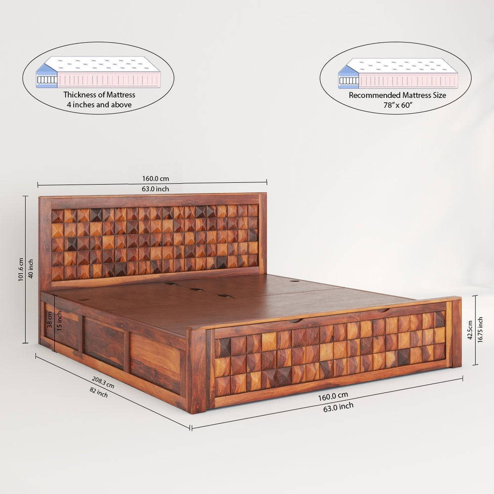 Diamond Solid Wood Queen Size Box Storage Bed In Honey Oak Finish