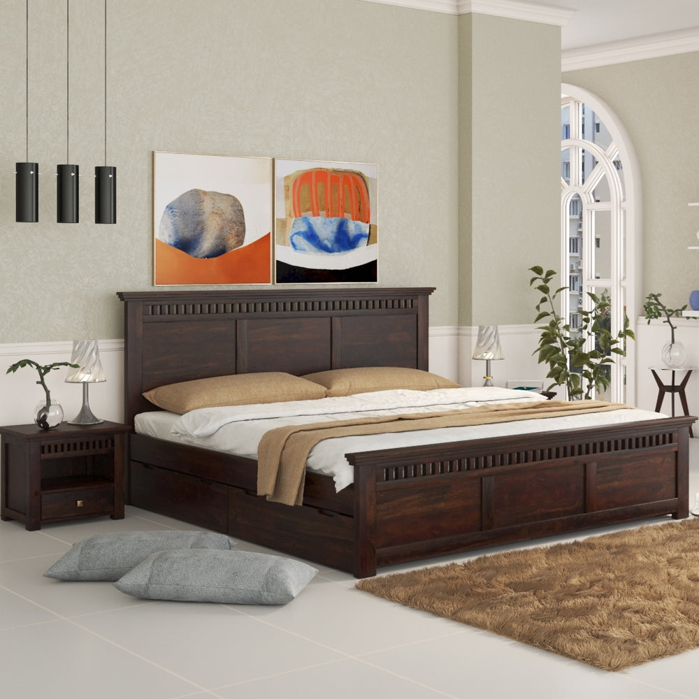 Madhvi Solid Wood King Size Drawer Storage Bed In Dark Walnut Finish