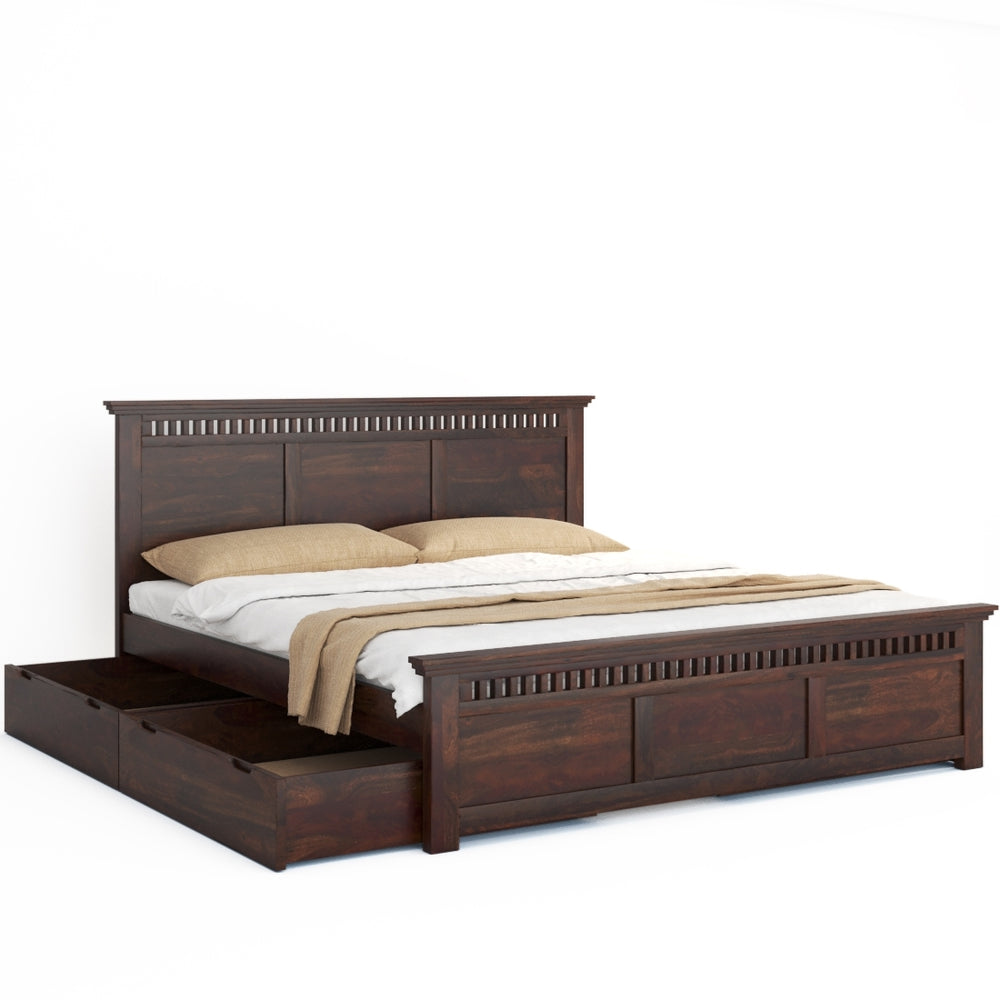 Madhvi Solid Wood King Size Drawer Storage Bed In Dark Walnut Finish