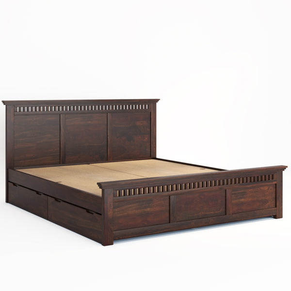 Madhvi Solid Wood King Size Drawer Storage Bed In Dark Walnut Finish