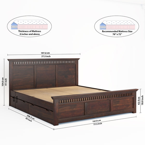 Madhvi Solid Wood King Size Drawer Storage Bed In Dark Walnut Finish