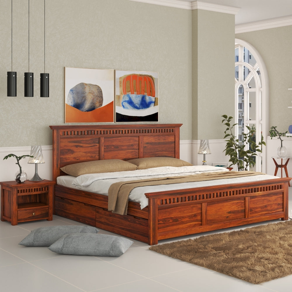 Madhvi Solid Wood King Size Drawer Storage Bed In Honey Oak Finish