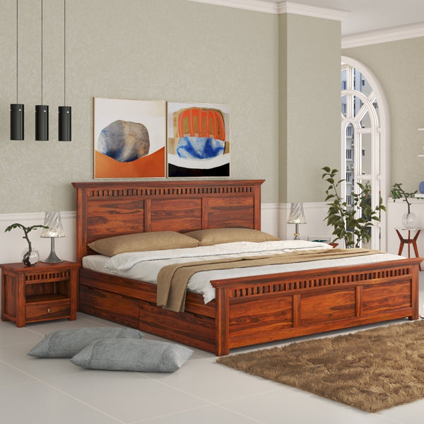 Madhvi Solid Wood King Size Drawer Storage Bed In Honey Oak Finish