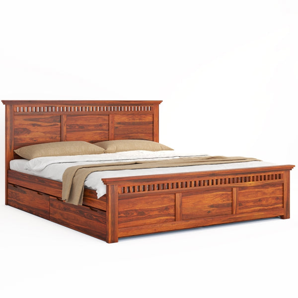 Madhvi Solid Wood King Size Drawer Storage Bed In Honey Oak Finish