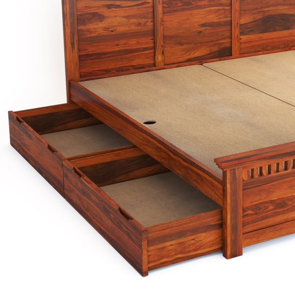 Madhvi Solid Wood King Size Drawer Storage Bed In Honey Oak Finish