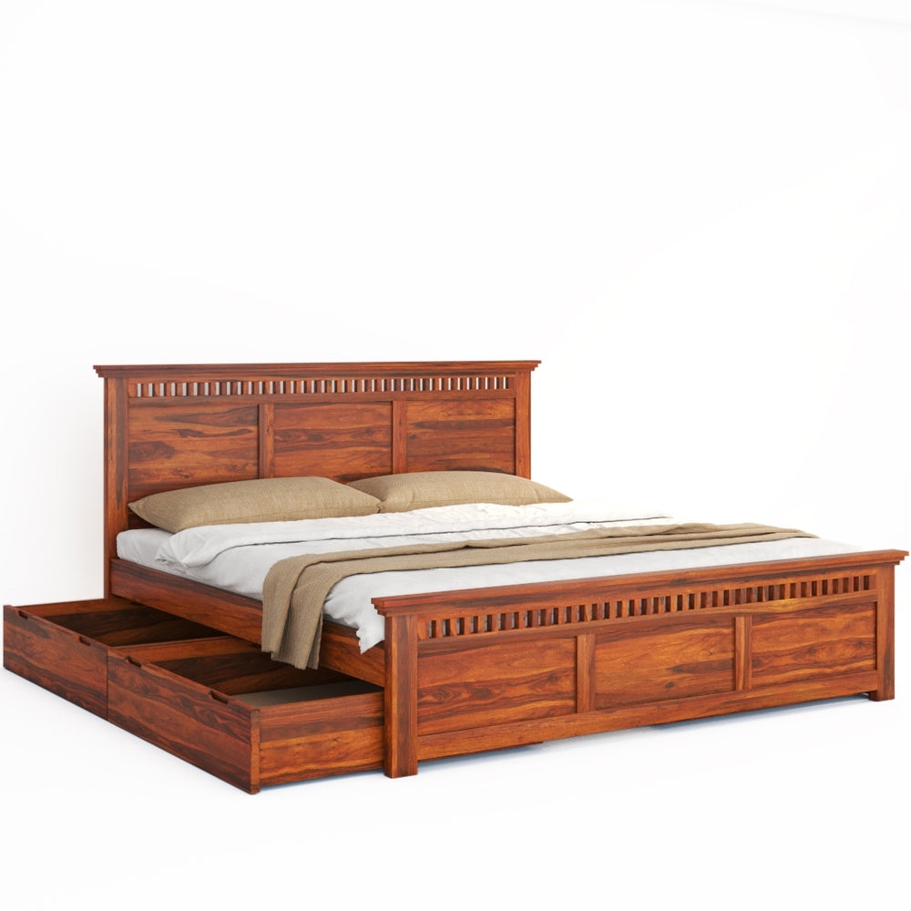 Madhvi Solid Wood King Size Drawer Storage Bed In Honey Oak Finish