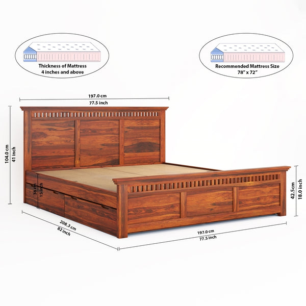 Madhvi Solid Wood King Size Drawer Storage Bed In Honey Oak Finish