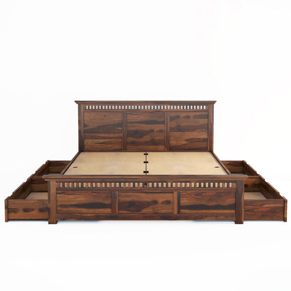 Madhvi Solid Wood King Size Drawer Storage Bed In Provincial Teak Finish