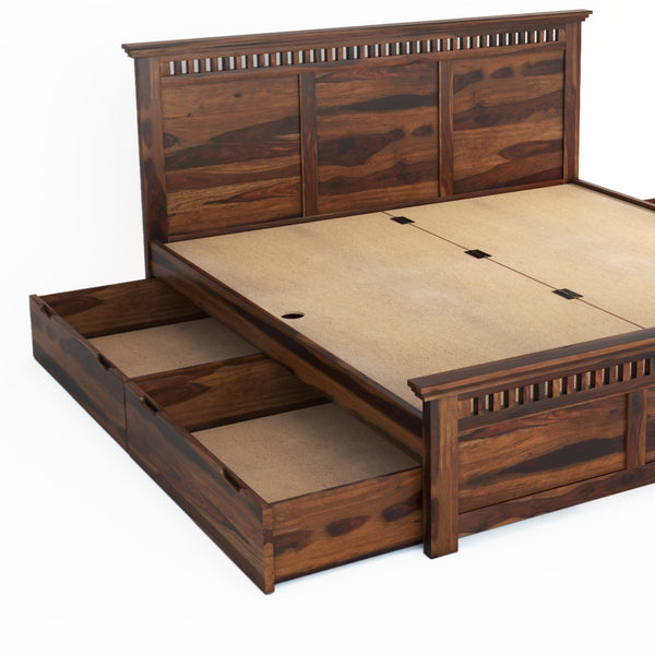 Madhvi Solid Wood King Size Drawer Storage Bed In Provincial Teak Finish