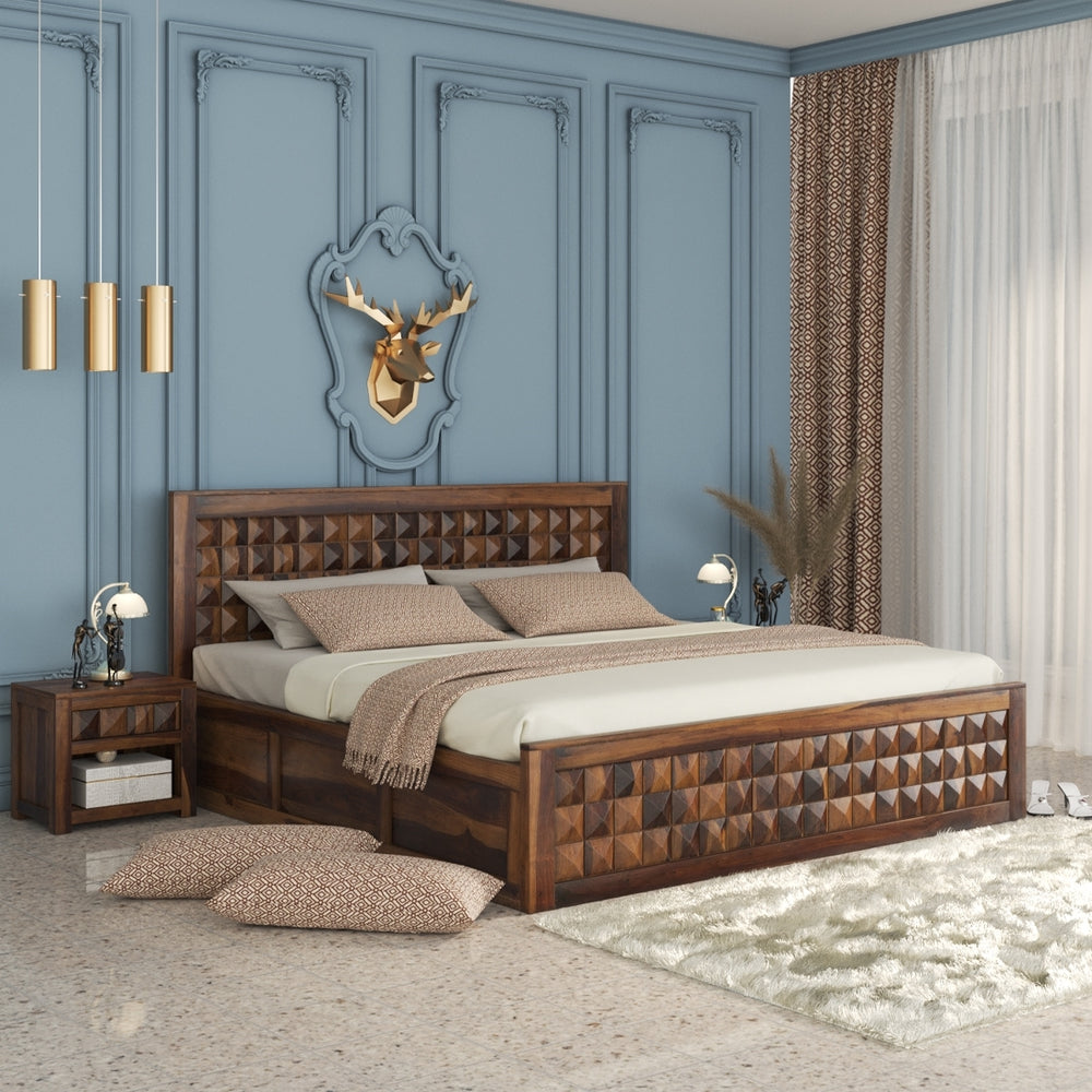 Diamond Solid Wood King Size Box Storage Bed In Provincial Teak Finish
