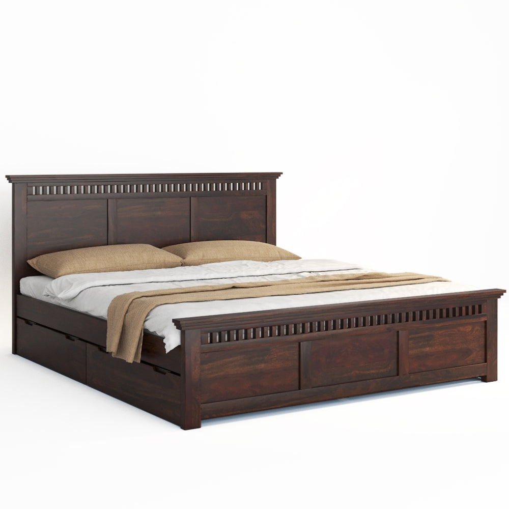 Madhvi Solid Wood Queen Size Drawer Storage Bed In Dark Walnut Finish