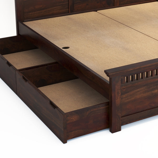 Madhvi Solid Wood Queen Size Drawer Storage Bed In Dark Walnut Finish