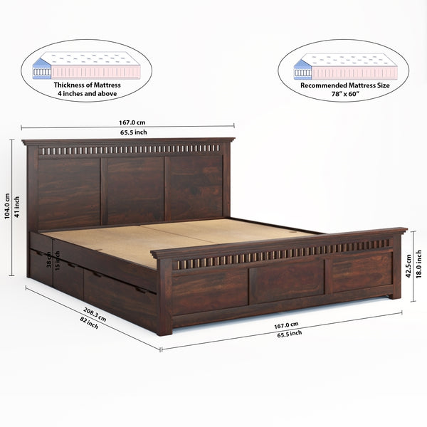 Madhvi Solid Wood Queen Size Drawer Storage Bed In Dark Walnut Finish