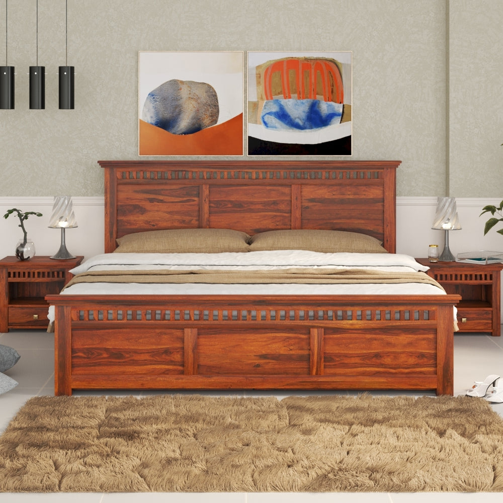 Madhvi Solid Wood Queen Size Drawer Storage Bed In Honey Oak Finish