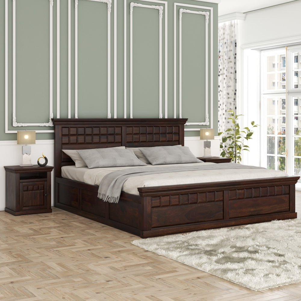 Prashiv Solid Wood Queen Size Box Storage Bed In Dark Walnut Finish
