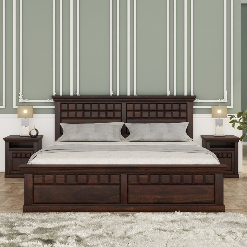 Prashiv Solid Wood Queen Size Box Storage Bed In Dark Walnut Finish