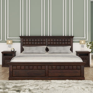 Prashiv Solid Wood Queen Size Box Storage Bed In Dark Walnut Finish
