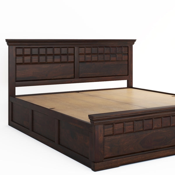 Prashiv Solid Wood Queen Size Box Storage Bed In Dark Walnut Finish