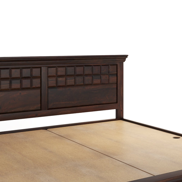 Prashiv Solid Wood Queen Size Box Storage Bed In Dark Walnut Finish