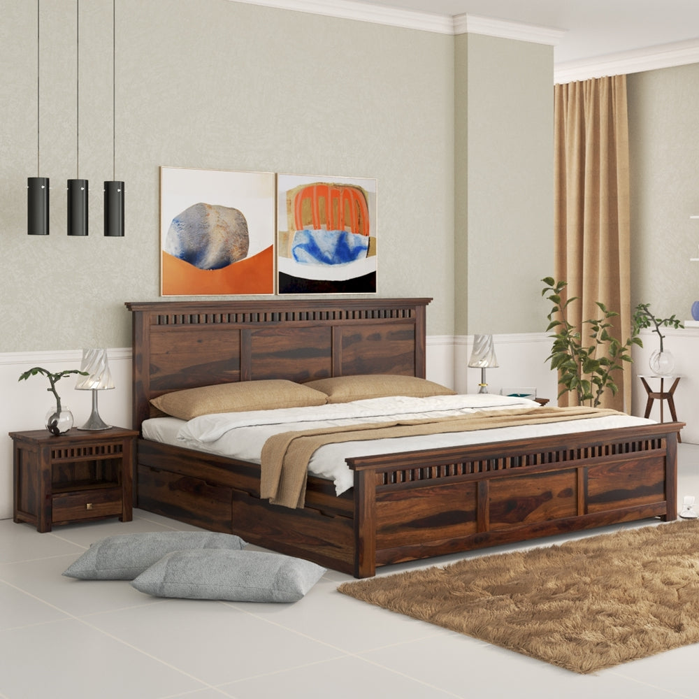 Madhvi Solid Wood Queen Size Drawer Storage Bed In Provincial Teak Finish