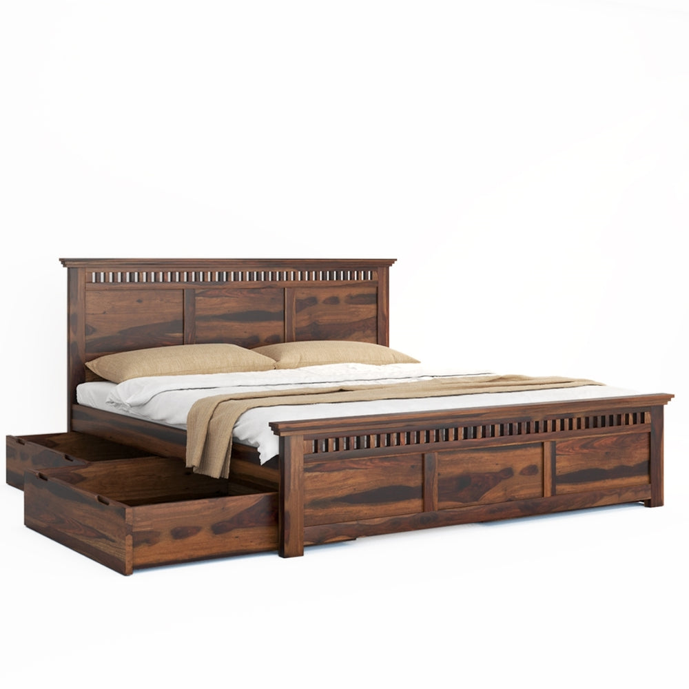 Madhvi Solid Wood Queen Size Drawer Storage Bed In Provincial Teak Finish
