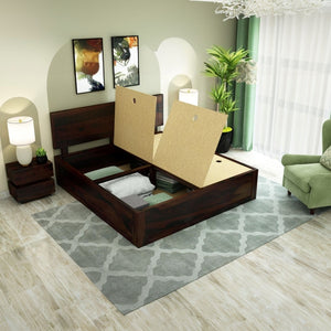 Xiomara Solid Wood King Size Box Storage Bed In Walnut Finish