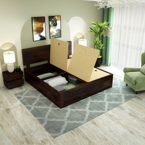 Xiomara Solid Wood King Size Box Storage Bed In Walnut Finish