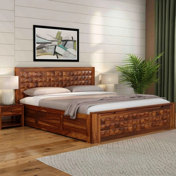 Keaton Solid Wood King Size Drawer And Box Storage Bed In Brown Finish