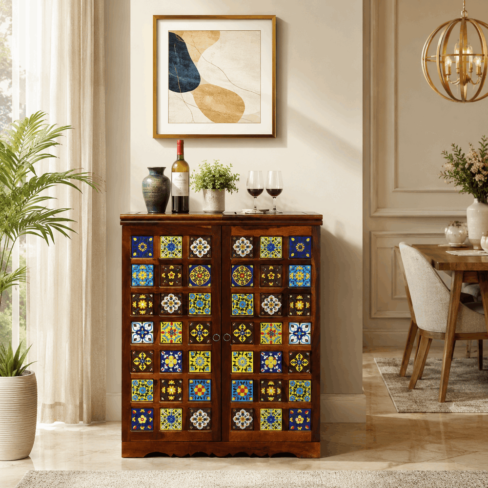 Rangrez Sheesham Wood Bar Cabinet In Honey Oak Finish
