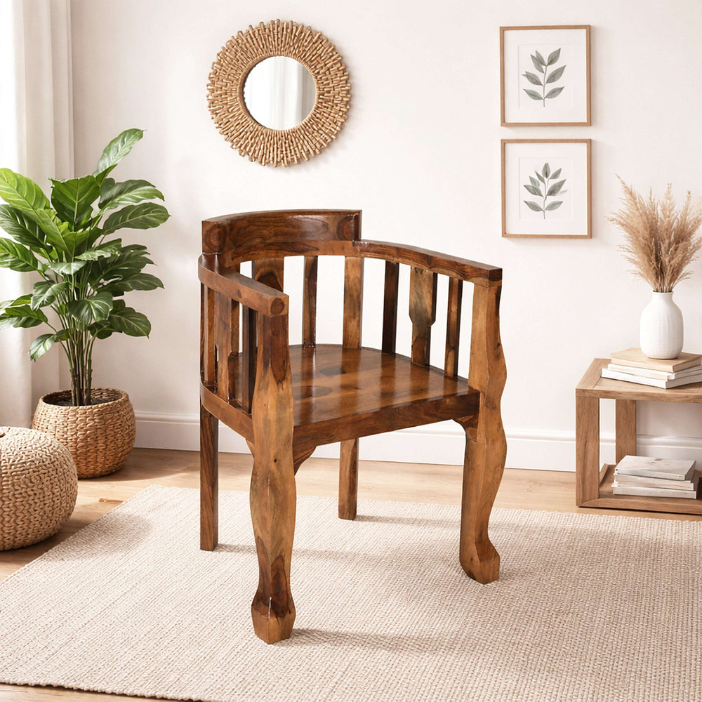 Puchu Sheesham Wood Arm Chair In Honey Oak Finish