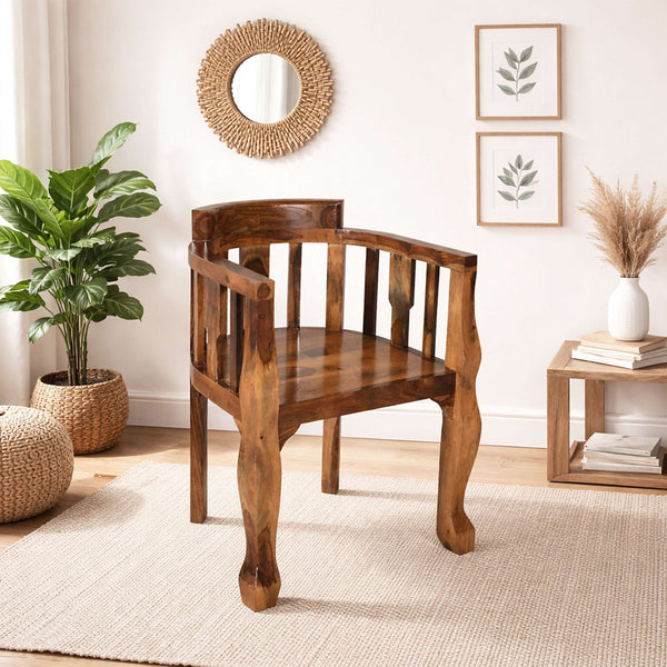 Puchu Sheesham Wood Arm Chair In Honey Oak Finish