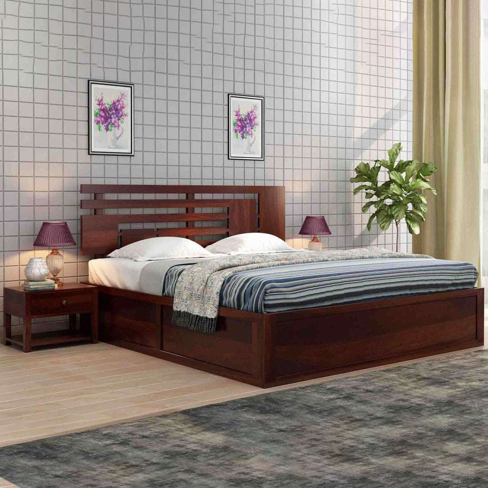 Perper Sheesham Wood Queen Size Bed In Walnut FinishWith Hydraulic Storage (60 x 78 inches)