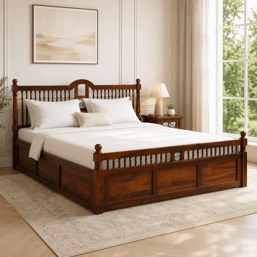 Nilaya Sheesham Wood Queen Size Bed In Honey Oak Finish With Box Storage (60 - 78 inch Mattress Size)