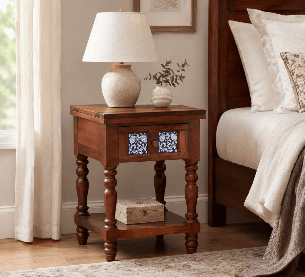 Nilaya Sheesham Wood Bedside Table In Honey Oak Finish With Drawer