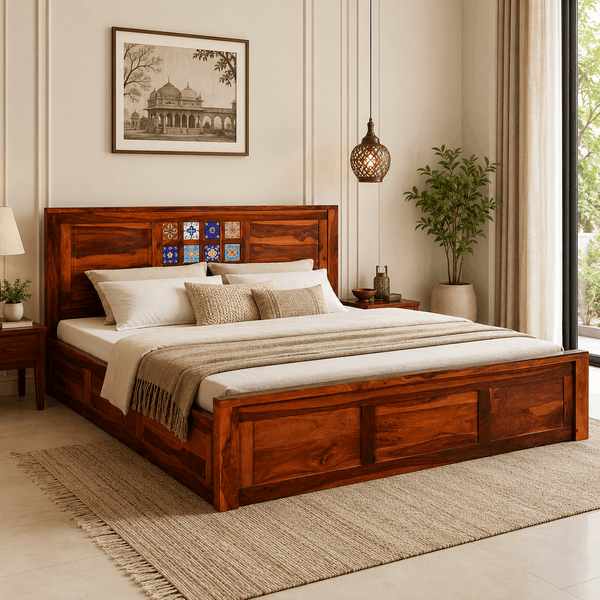Rangrez Sheesham Wood Queen Size Bed In Honey Oak Finish With Box Storage (60 - 78 inch Mattress Size)