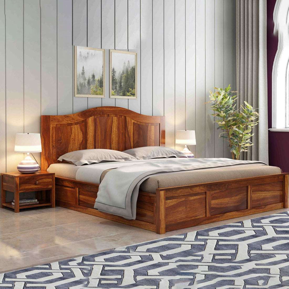 Sniu Sheesham Wood Queen Size Bed In Teak Finish With Box Storage (60 x 78 inches)