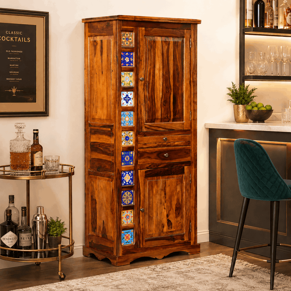 Rangrez Sheesham Wood Bar Cabinet In Honey Oak Finish
