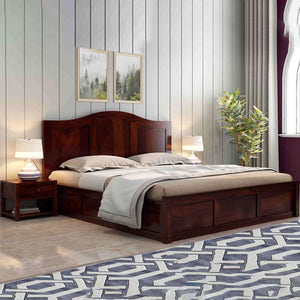 Sniu Sheesham Wood Queen Size Bed In Walnut Finish With Box Storage (60 x 78 inches)