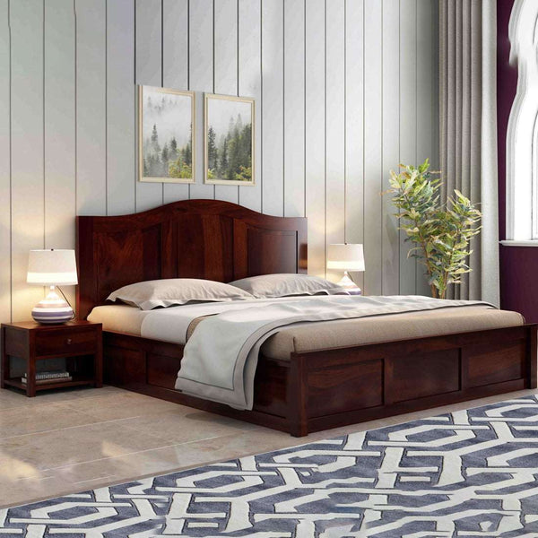 Sniu Sheesham Wood Queen Size Bed In Walnut Finish With Box Storage (60 x 78 inches)