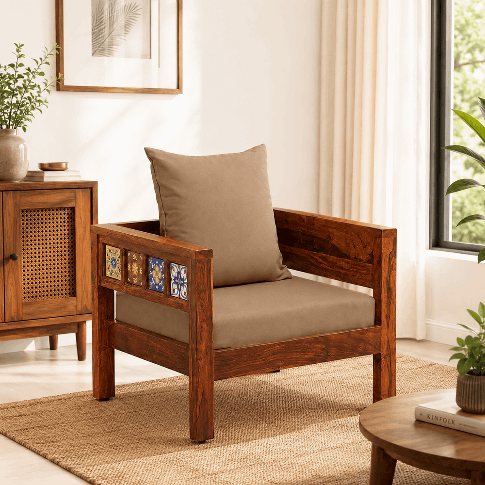 Rangrez Sheesham Wood 1 Seater Sofa In Honey Oak Finish with Beige Cushioned Chair