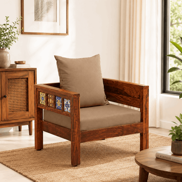 Rangrez Sheesham Wood 1 Seater Sofa In Honey Oak Finish with Beige Cushioned Chair
