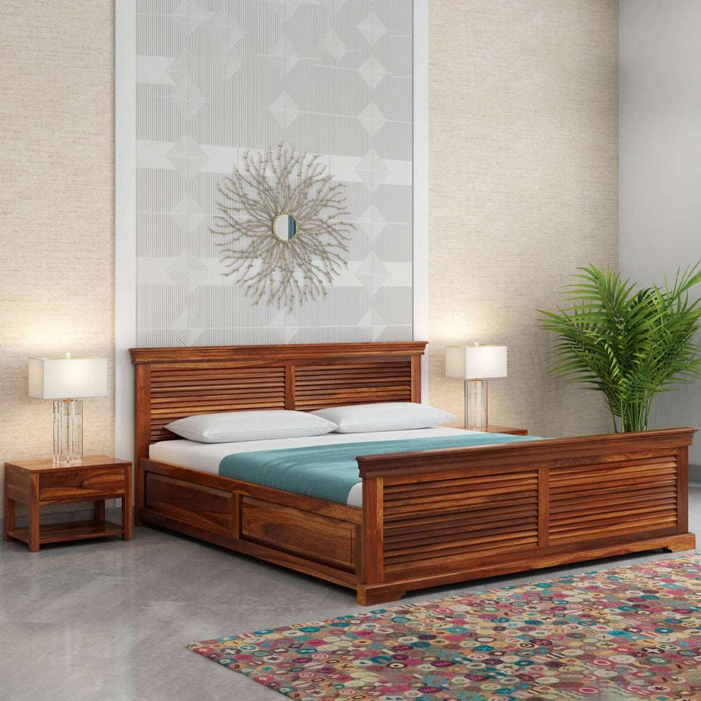 Hearti Sheesham Wood Queen Size Bed In Teak Finish With Box Storage (60 x 78 inches)